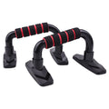 Pair of I-shaped push up bars with blue PP sponge grips on a floor.