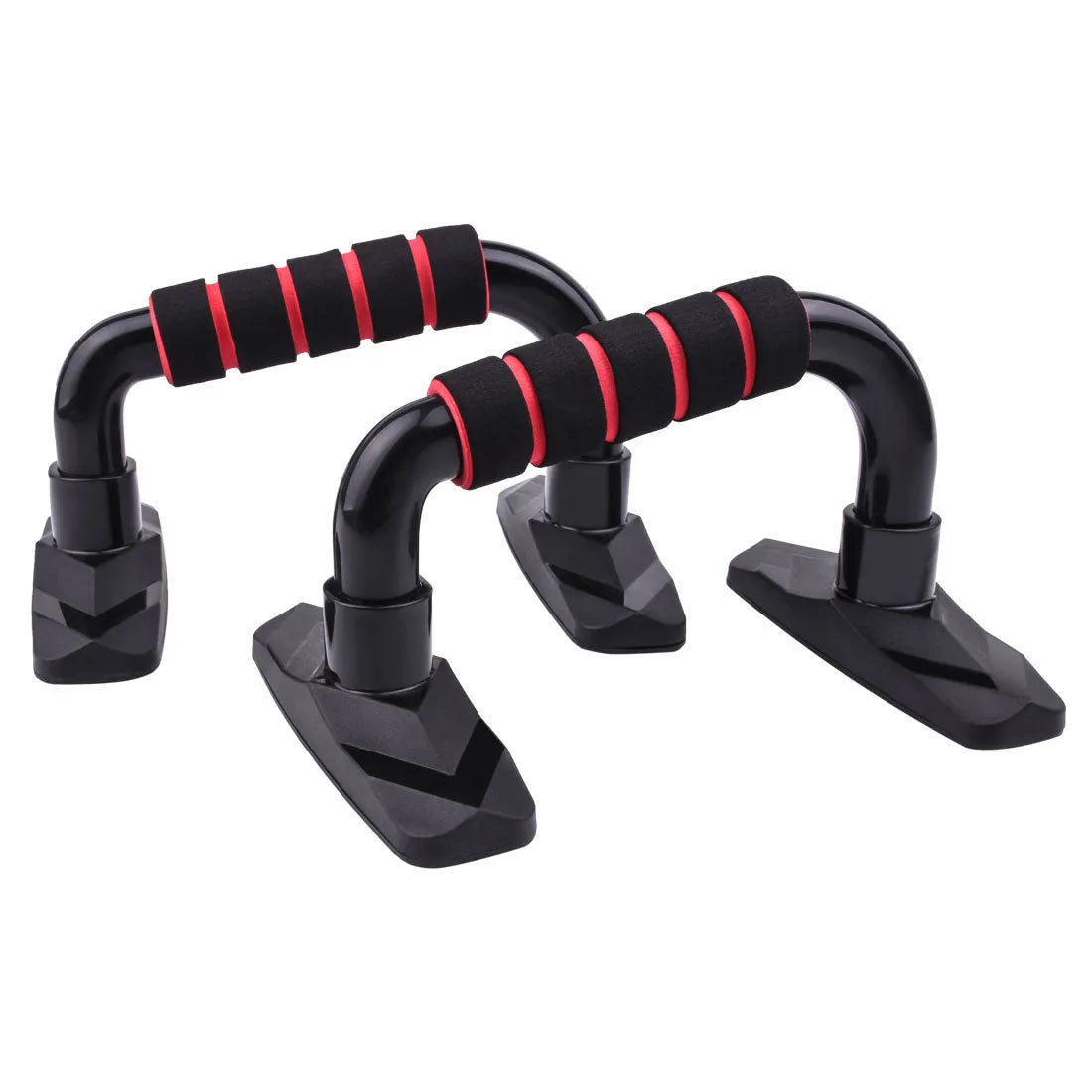 Pair of I-shaped push up bars with blue PP sponge grips on a floor.