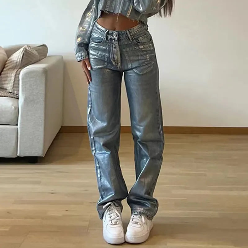 Women's blue hot silver high waist straight leg denim jeans with contrast colour street style details