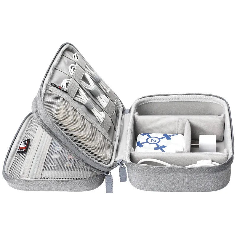 Black and grey EVA digital storage bag with handbag shape for organising headphones and cables.