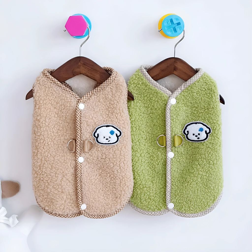 Green coral fleece dog vest with leash ring for small dogs