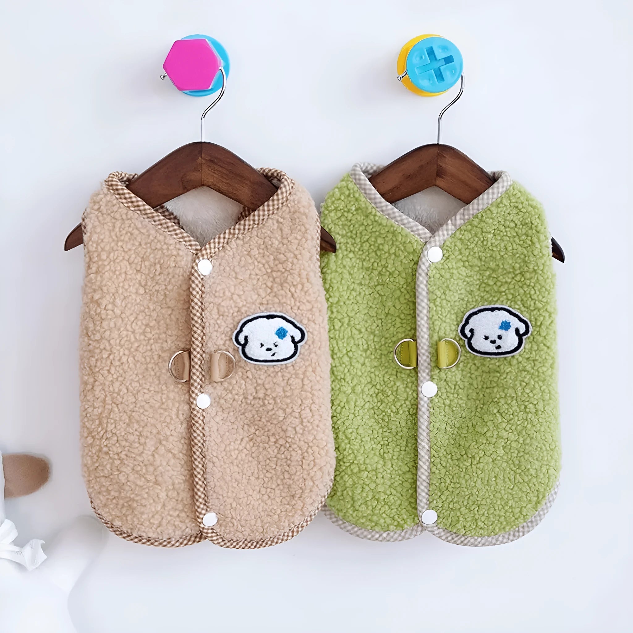 Green coral fleece dog vest with leash ring for small dogs