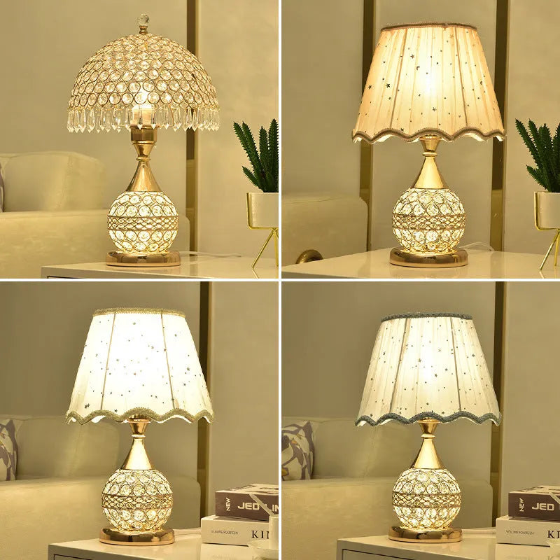 Gold crystal desk lamp with iron art base and remote control on wooden surface