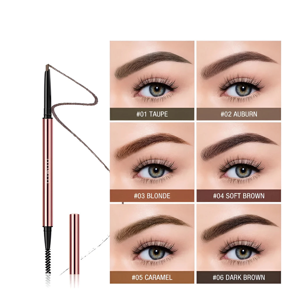Eyebrow makeup pencil in colour box with six shade options including Auburn and Taupe.