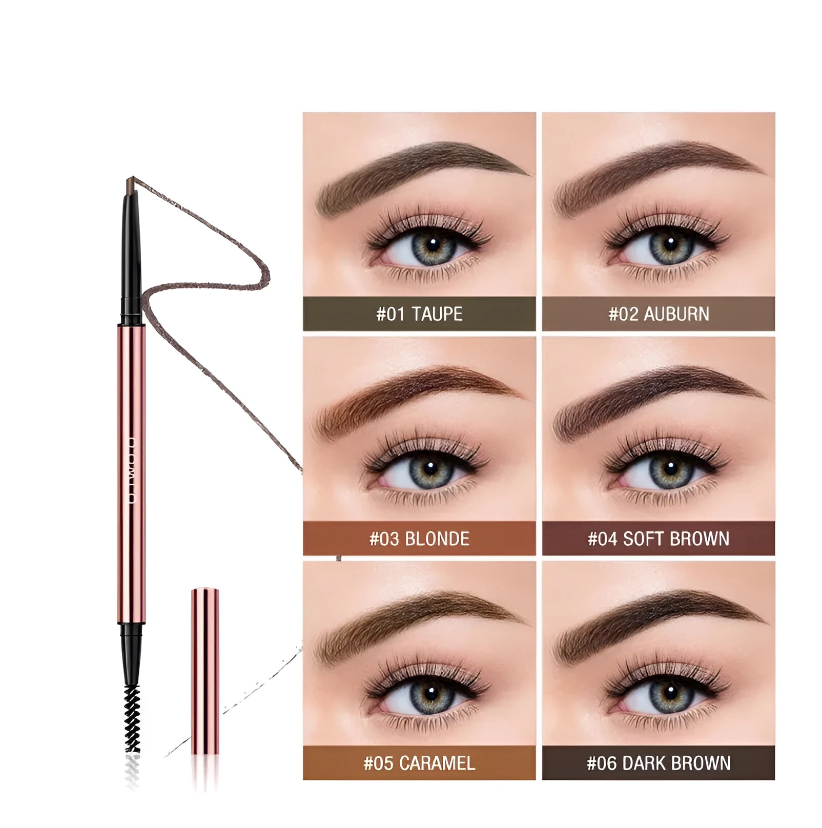 Eyebrow makeup pencil in colour box with six shade options including Auburn and Taupe.