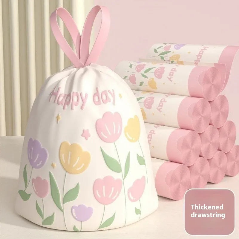 Pink degradable drawstring garbage bags with mosquito repellent properties, size 44cm by 48cm.