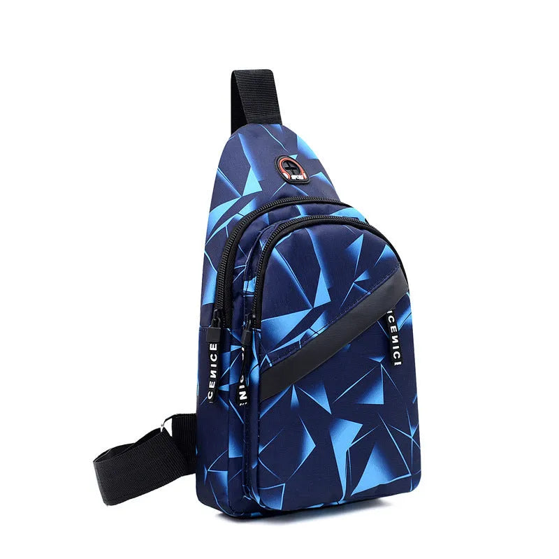 Men's Oxford cloth sling chest bag with earphone hole showing crossbody strap and zipper closure