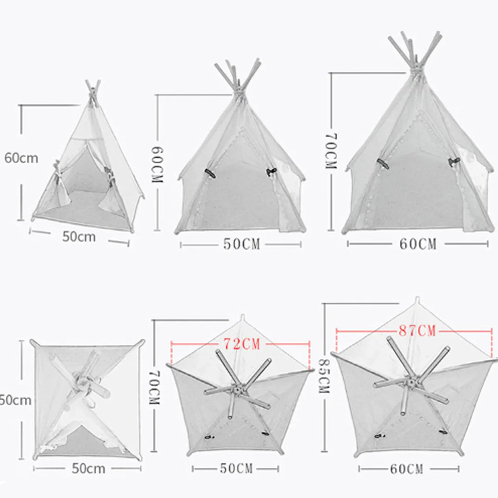 Striped flax and linen pet teepee tent with removable cushion for small dogs or cats.