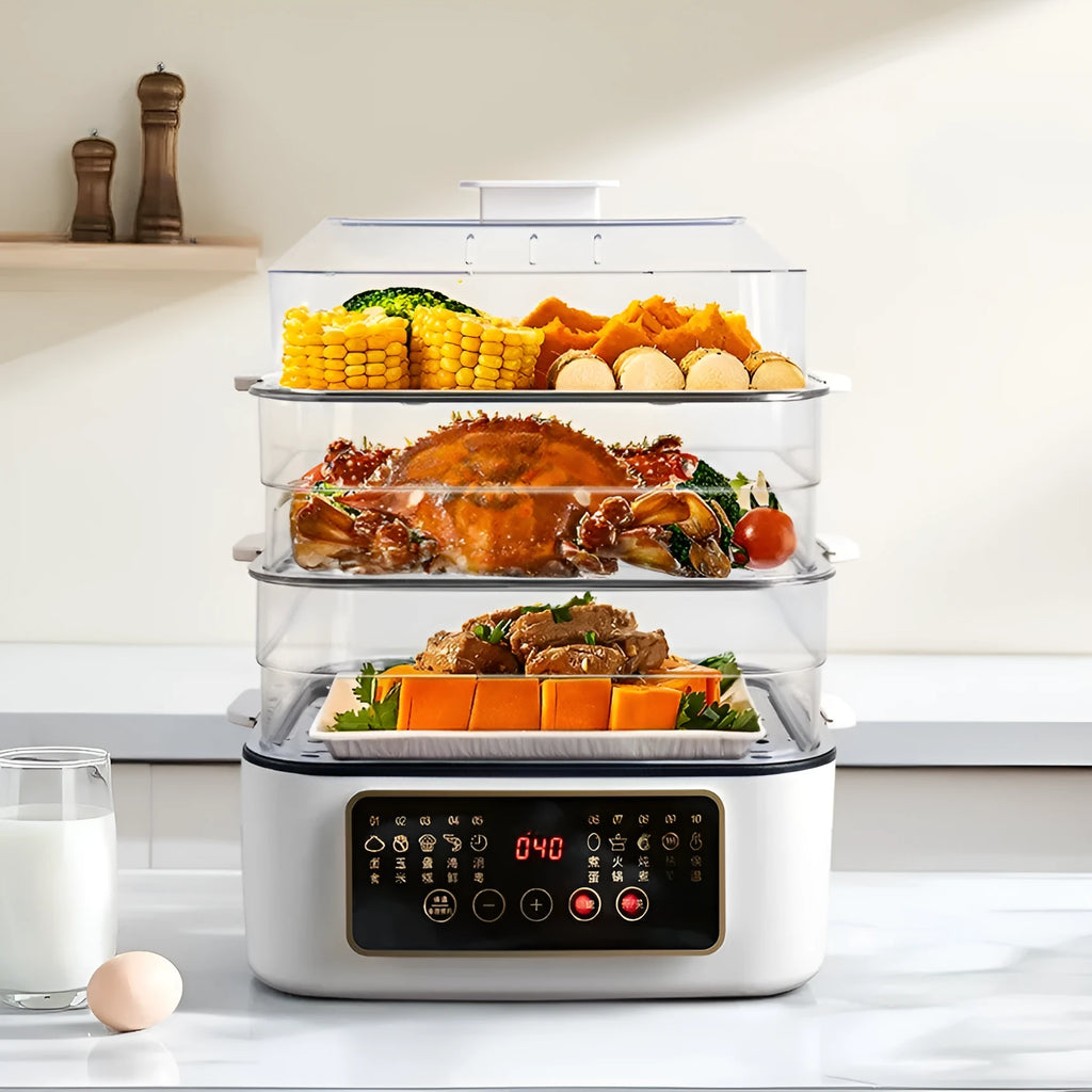 Stainless steel electric food steamer with 28 litre capacity and steaming rack