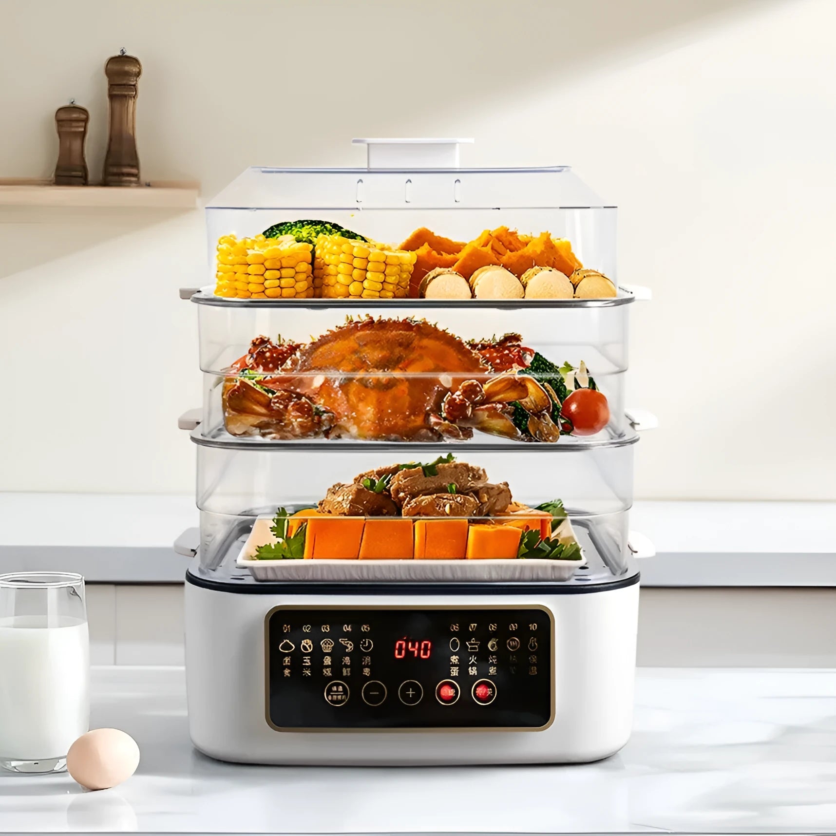 Stainless steel electric food steamer with 28 litre capacity and steaming rack