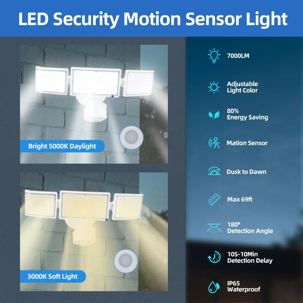 White LED security flood light with motion sensor showing wall mounting bracket and 120V input specifications