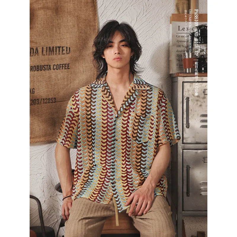 Grey Japanese style Cuban collar men's shirt with red jacquard pattern detailing on plus size model