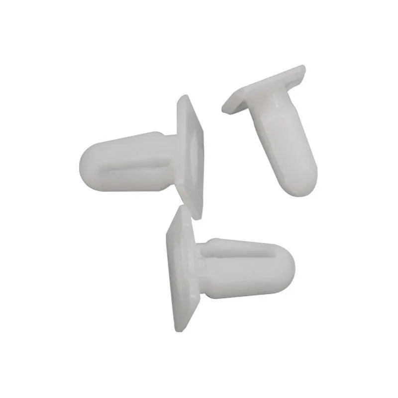 Pack of 60 D318 style grey PA66 plastic automotive glue nails and buckles for trim fastening.