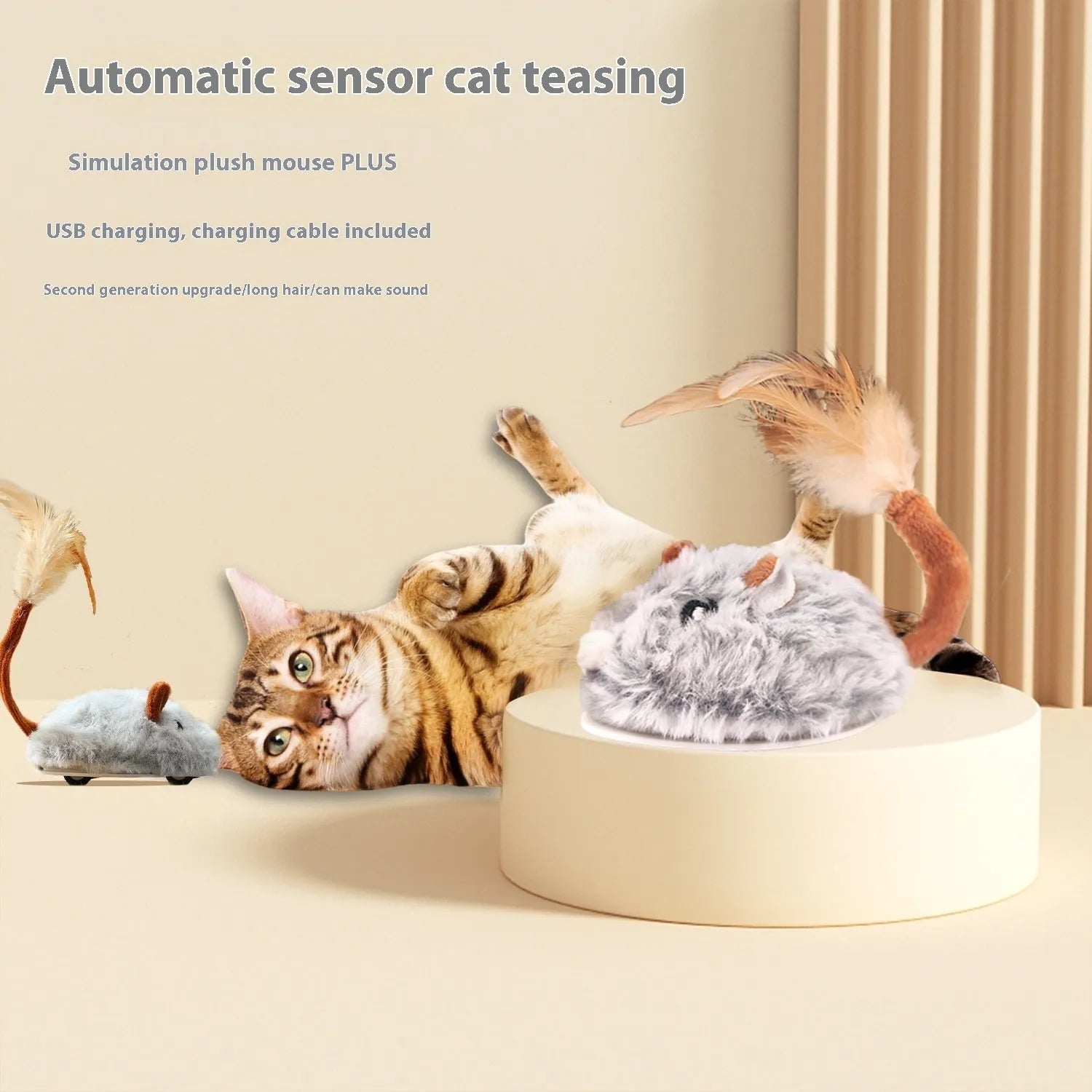 Rechargeable electric cat pole toy with a plush mouse in pink, dark grey, or purple colours on a charging cable.