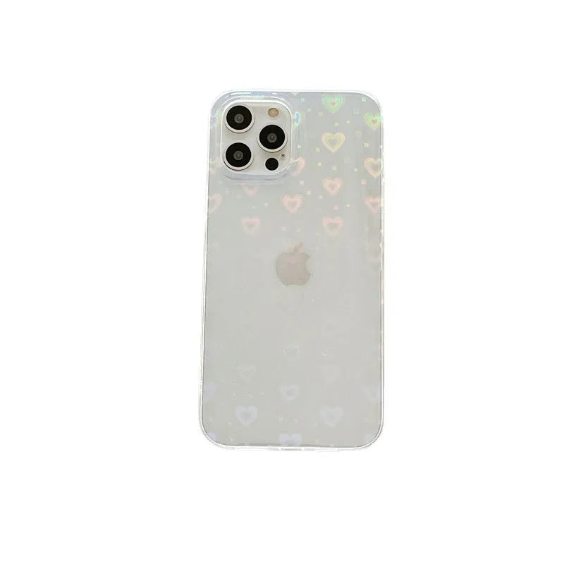 Transparent silicone iPhone case with a colourful laser love heart design.