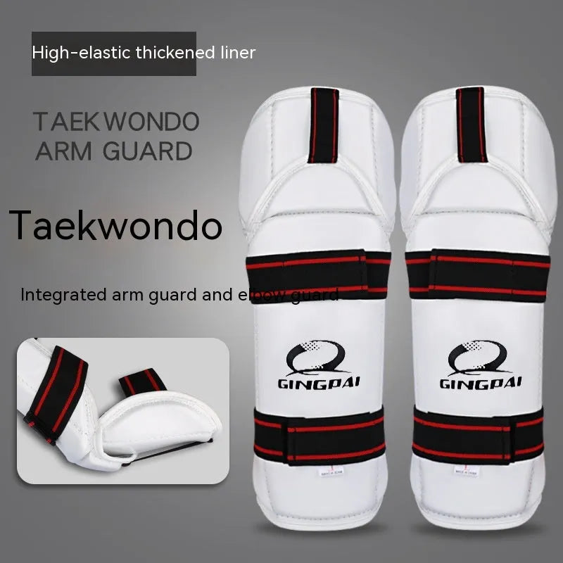 Taekwondo protective gear set showing arm guards, elbow protectors, and leg guards in PU EVA foam material