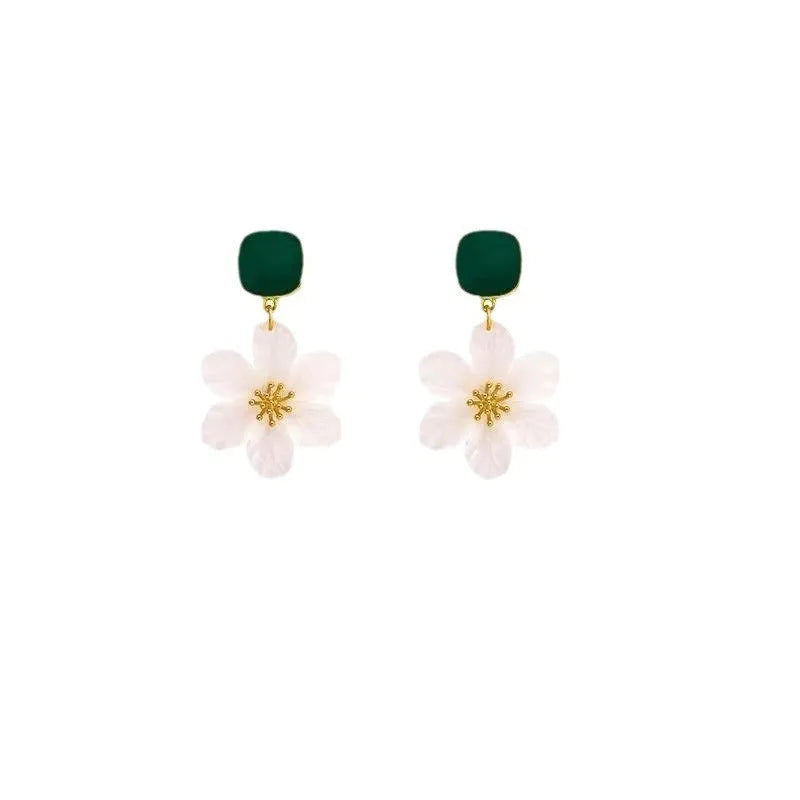Dark green alloy needle flowers sweet earrings with drop style dangle design