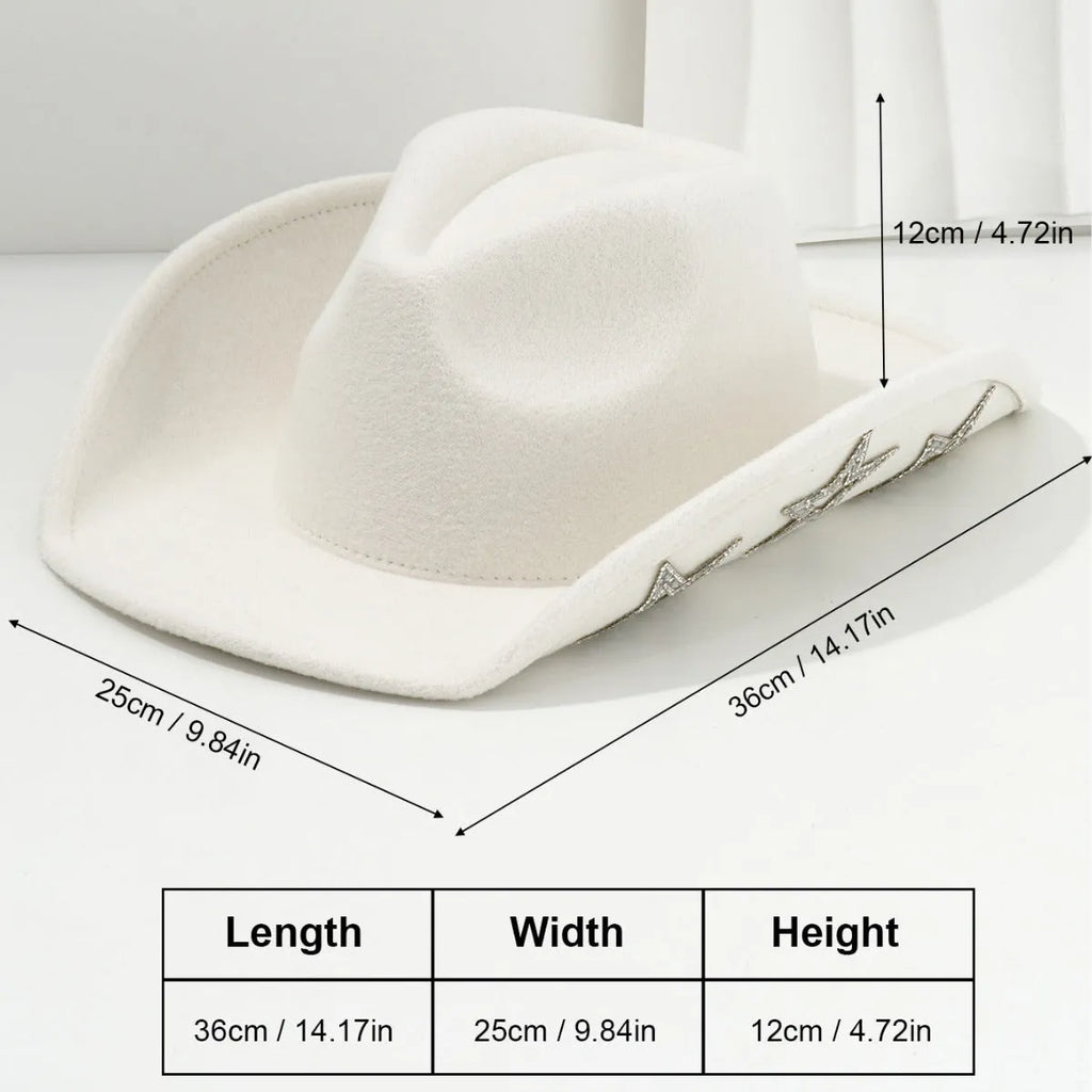 Polyester woolen felt western denim top hat with conical crown and hexagonal star decoration in size M