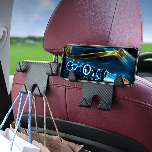 Black carbon fibre style car hook with integrated phone bracket measuring 11.5 by 8.1 by 4.7 centimetres