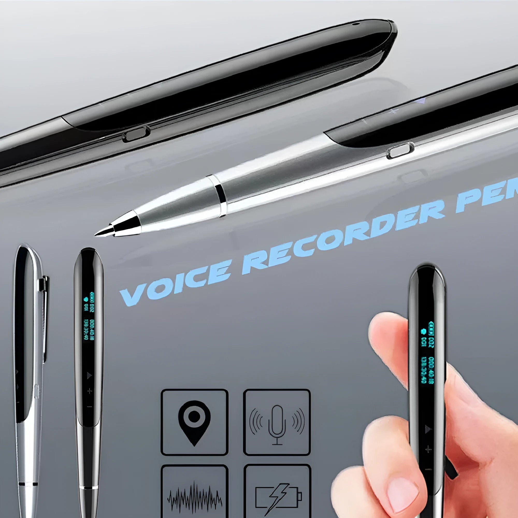 Black and silver recording pens with display screens, showing capacity options and included headphones and cable.