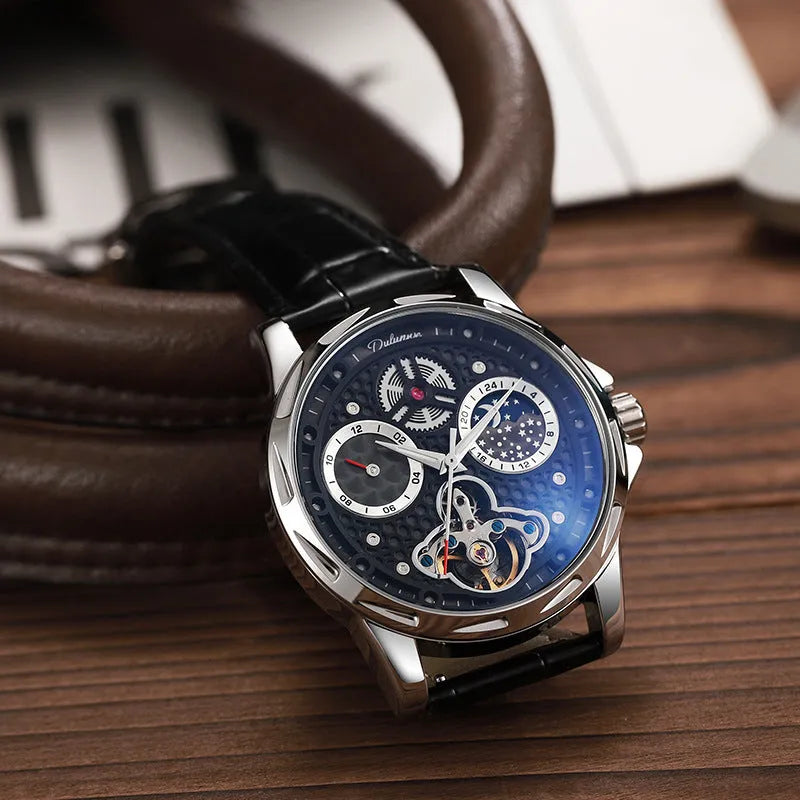 Men's automatic business watch with luminous dial and choice of steel or leather strap in black or white