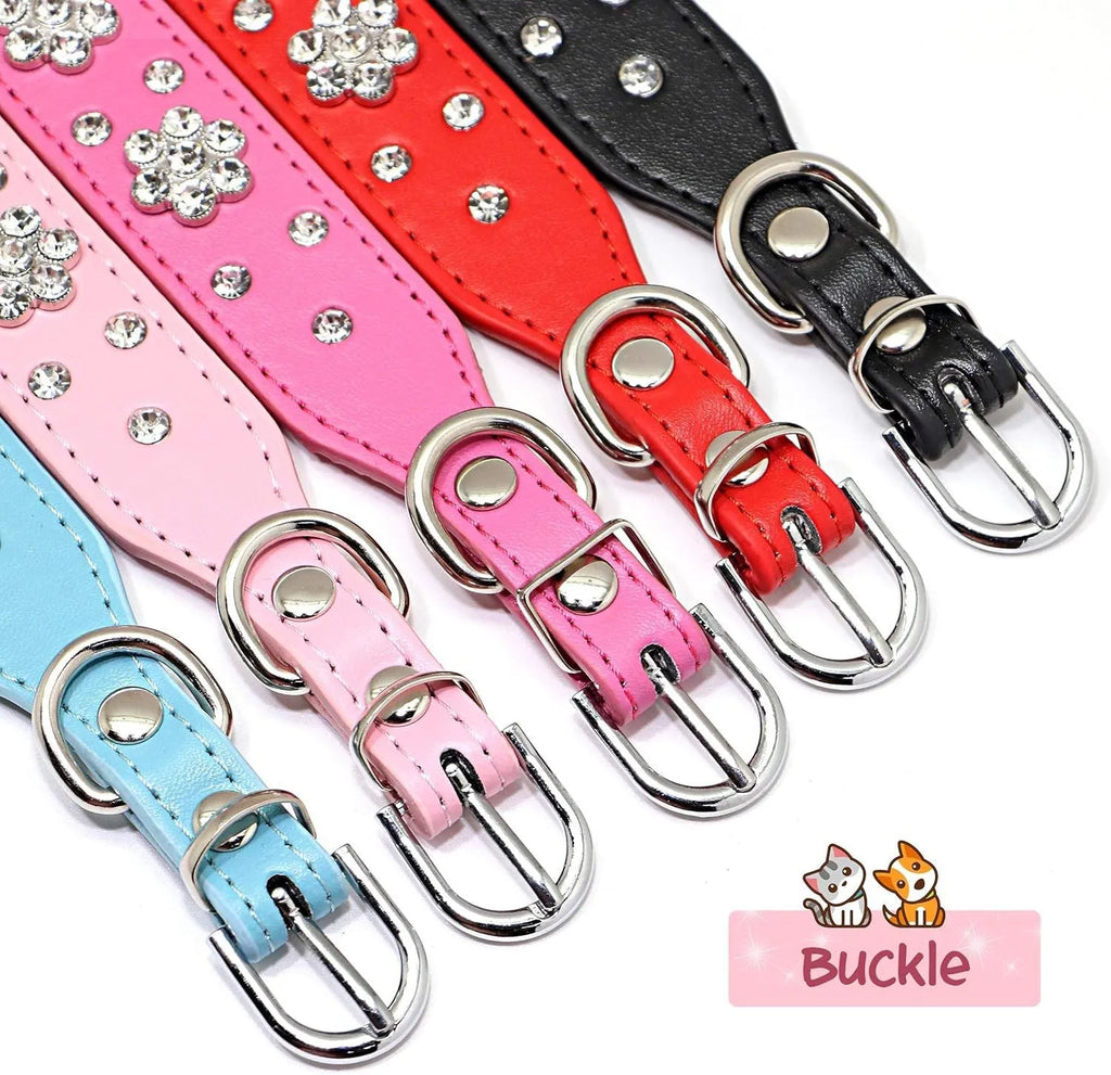 Black PU leather dog collar with rhinestone flowers and metal studs, showing the adjustable eyelets and D-ring.