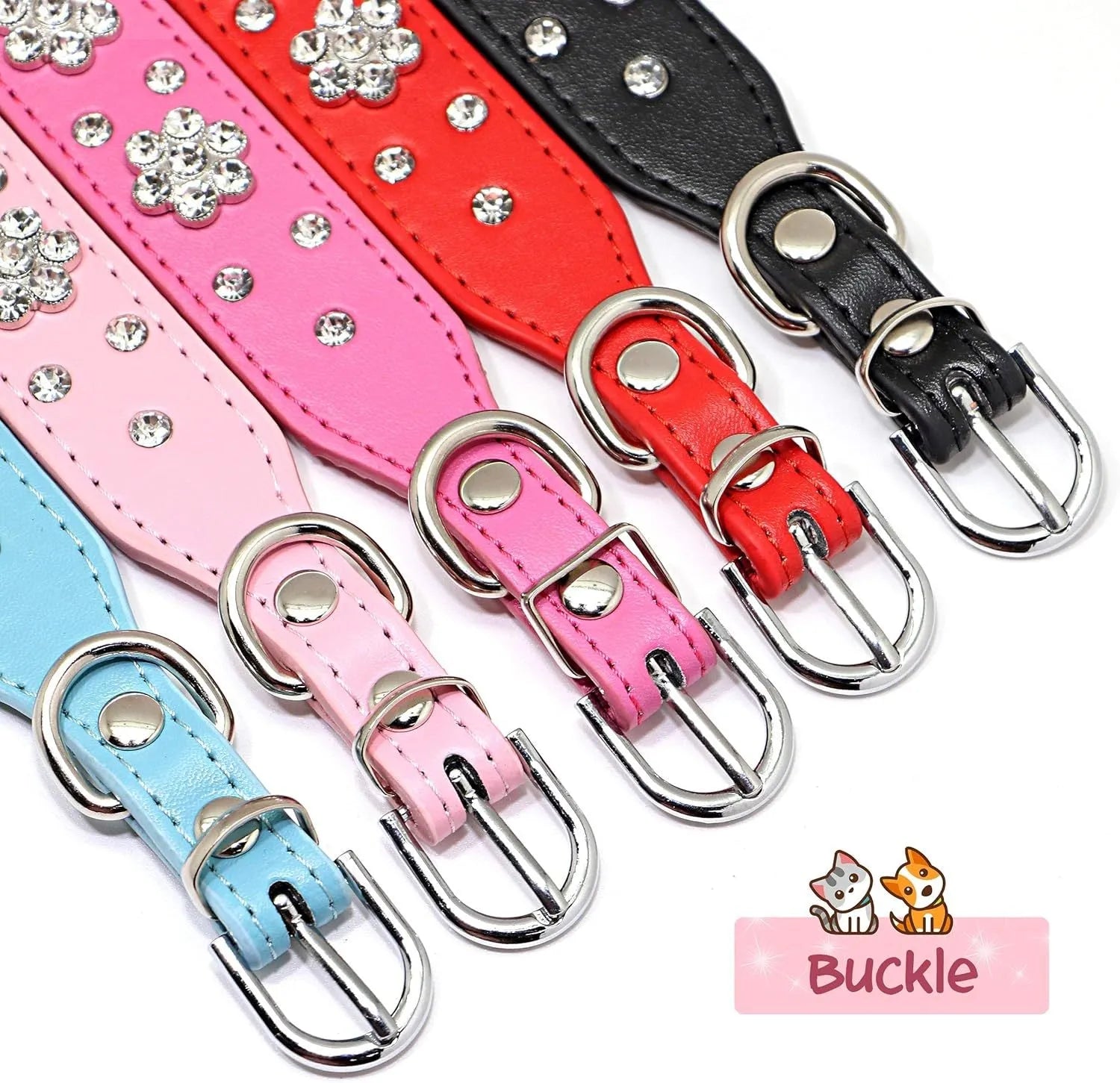 Black PU leather dog collar with rhinestone flowers and metal studs, showing the adjustable eyelets and D-ring.