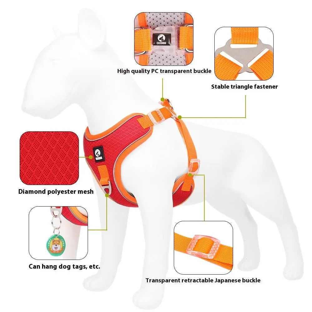 Adjustable dog harness with reflective piping in black, red, gray or light purple colours