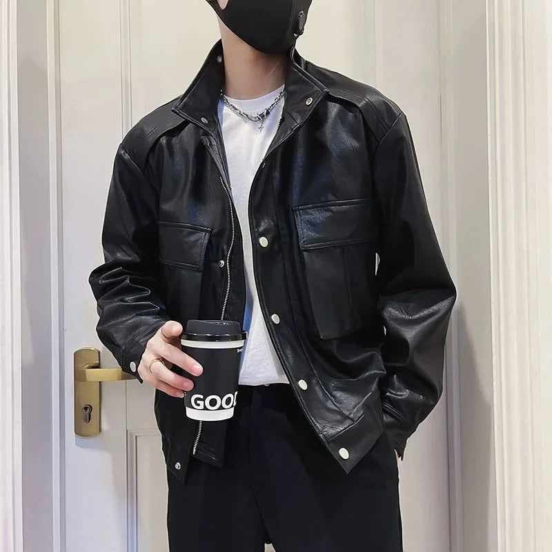 Korean style men's PU leather jacket in black or green with straight hem design and side pockets