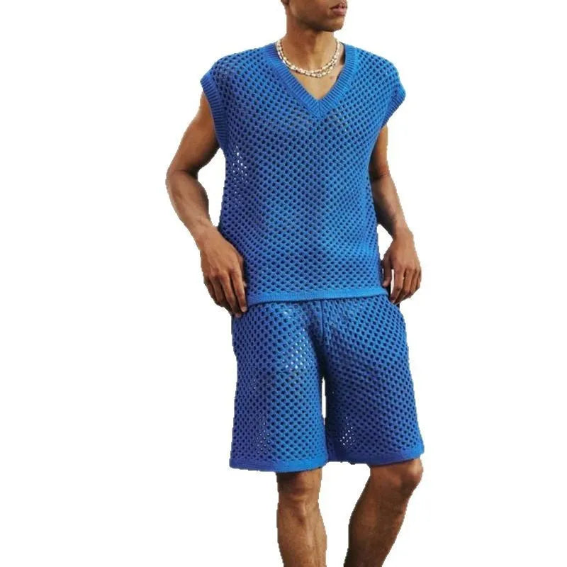 Men's blue knitted vest and shorts sports suit with V-neck design for summer athletic wear