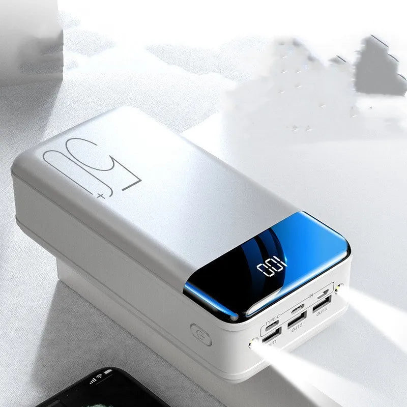Large black or white 50000mAh power bank with three charging ports showing dimensions 169x83x52mm
