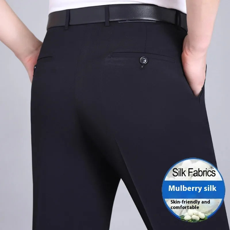 Men's straight fit mulberry silk blend business trousers with high waist in dark blue colour