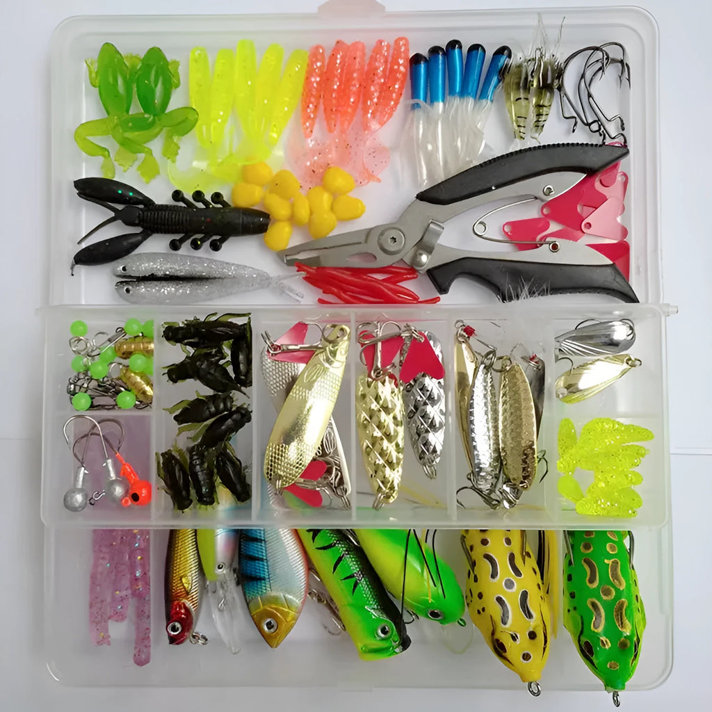 142-piece fishing lure suit with hard mino baits, sequins, fishhooks and metal fishing pliers