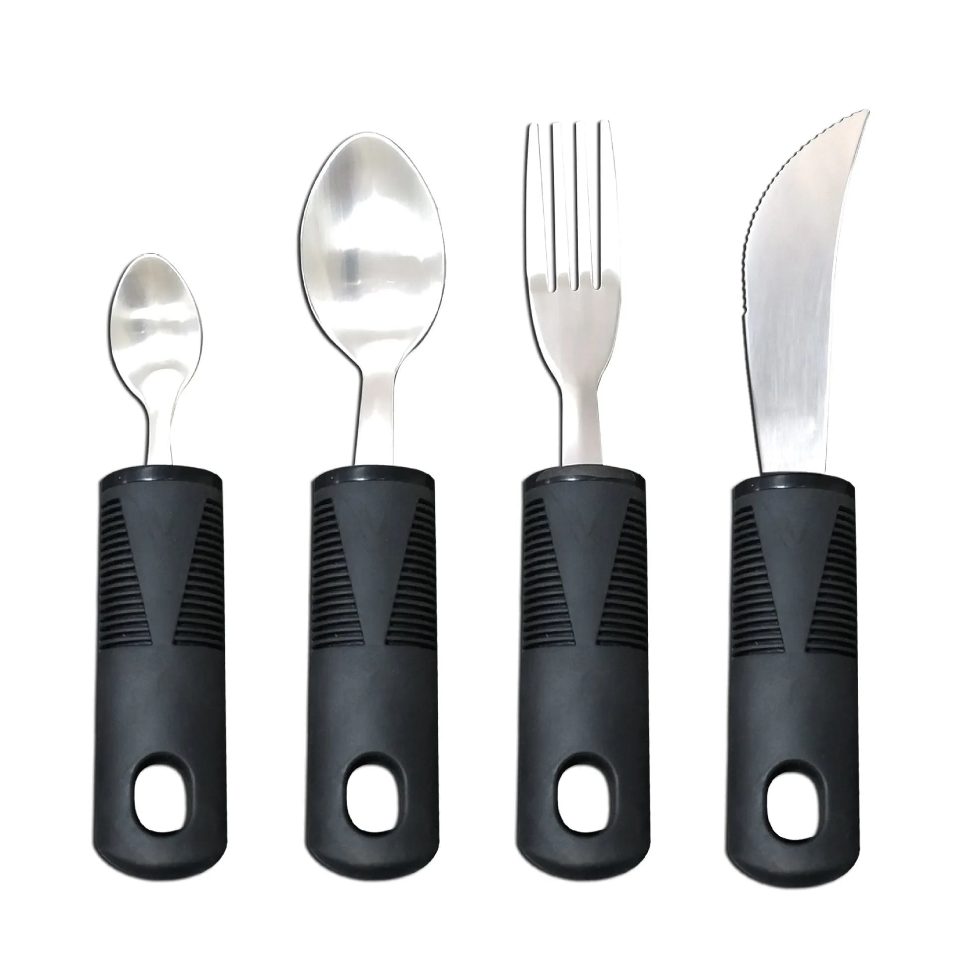 Stainless steel adaptive spoon with black rubber anti-shake handle for elderly food aid.