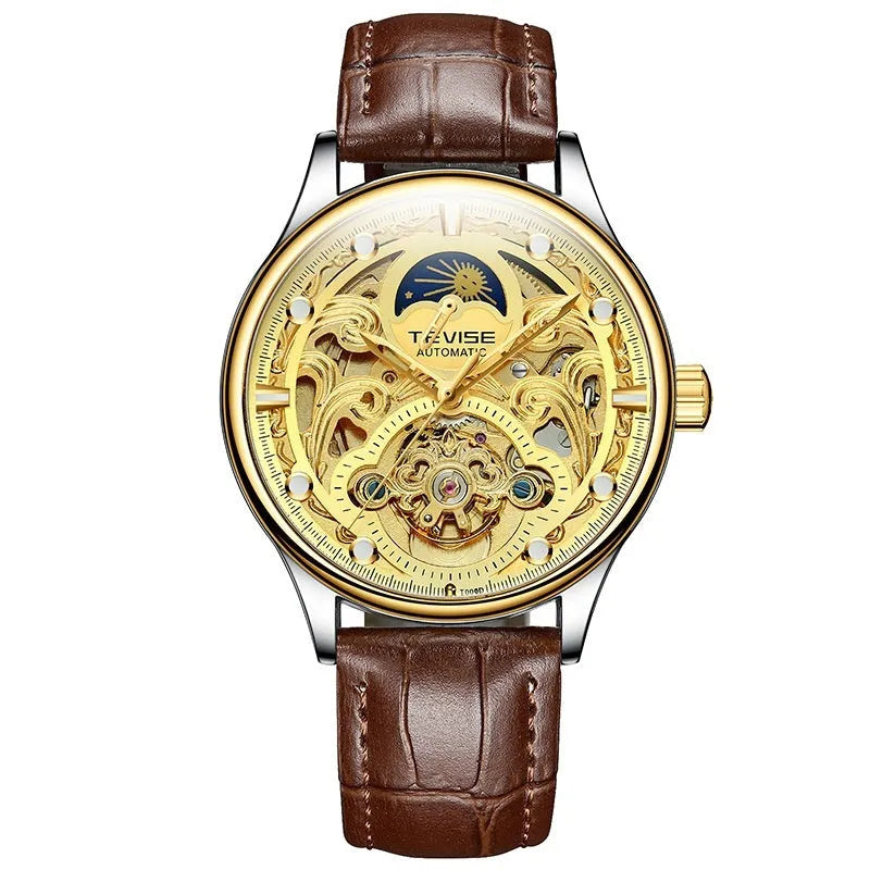 Men's gold leather strap automatic mechanical watch showing 16mm thickness and business design