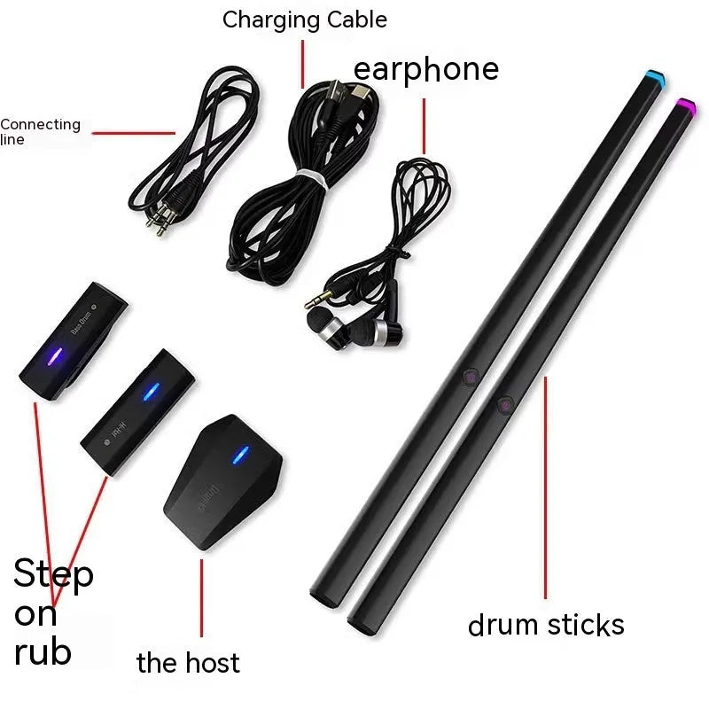 Black somatosensory air drum kit with wireless connectivity and LED lighting