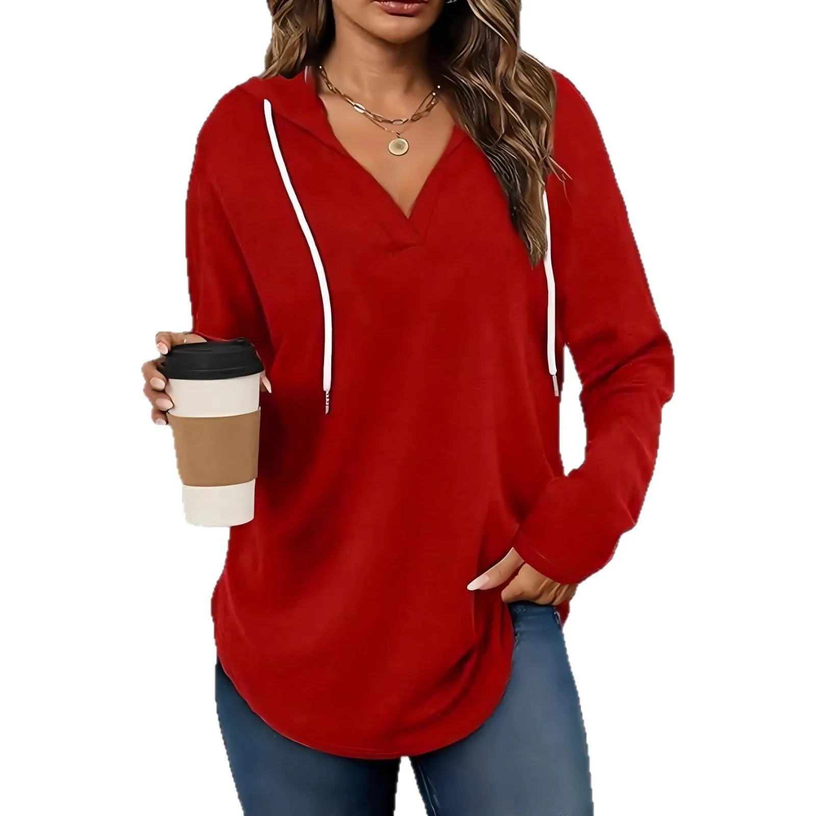 Red women's V-neck sweatshirt hoodie with regular sleeves in loose fit style