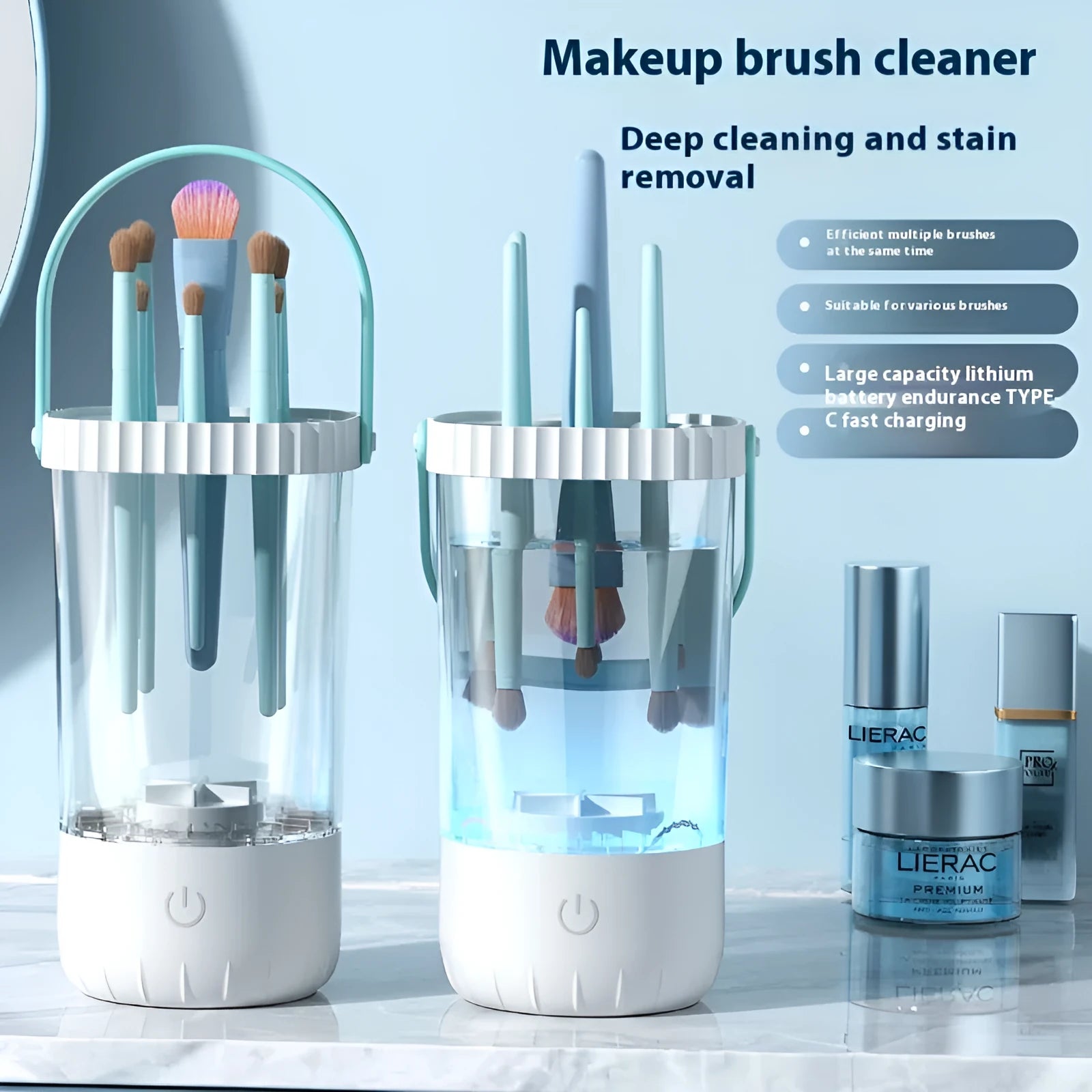 White rechargeable electric makeup brush cleaner with rotating brush head and USB cable