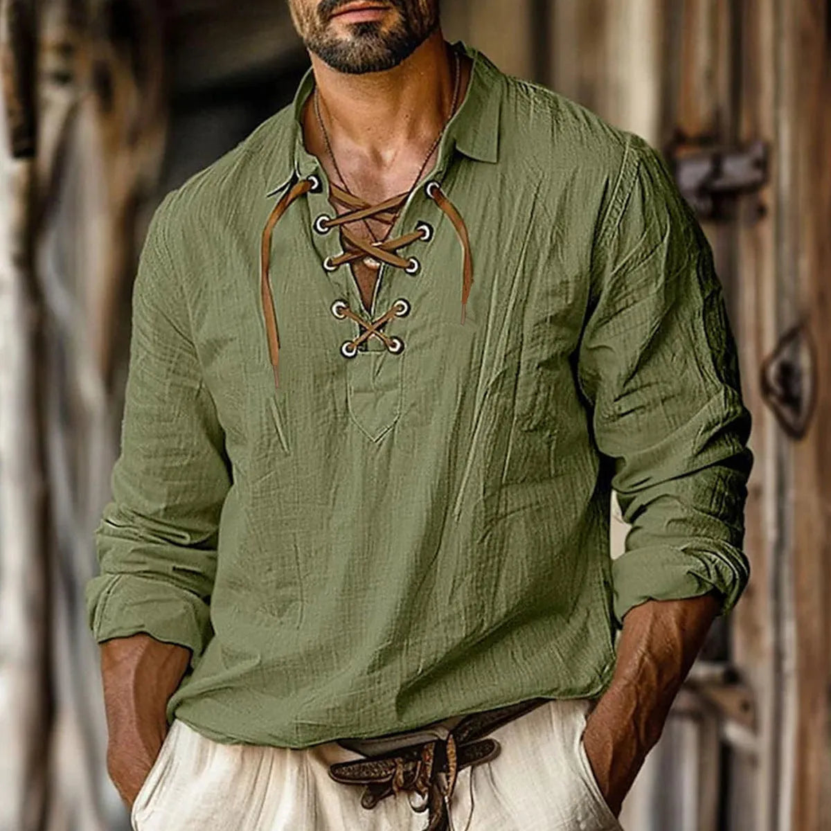 Men's plus size solid colour linen blend shirt with lapels and long sleeves in a loose fit.