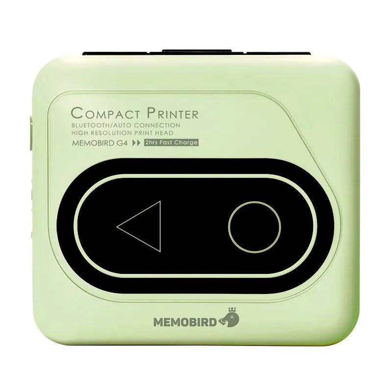 Avocado green Bluetooth thermal mini printer on a desk next to a mobile phone and printed receipt