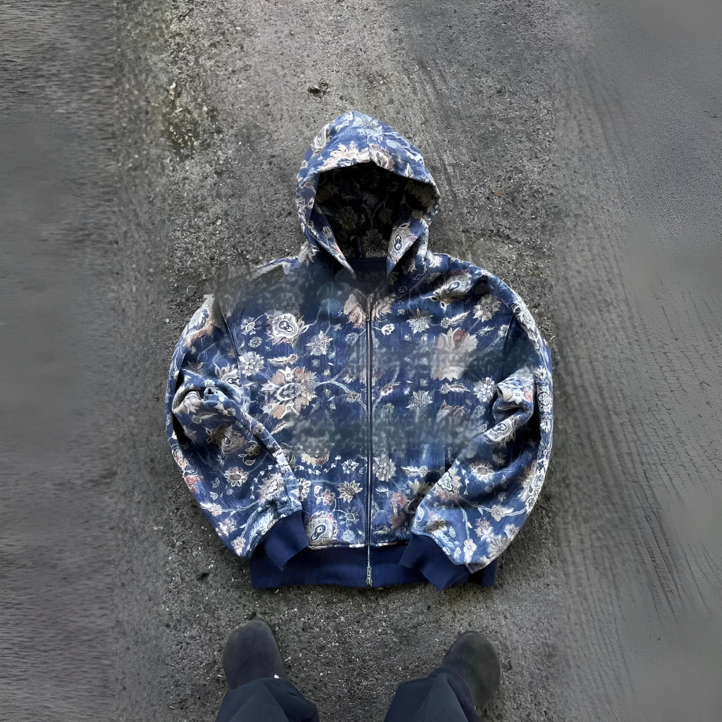 Men's loose hooded coat in red with digital printing youth casual style for autumn leisure wear