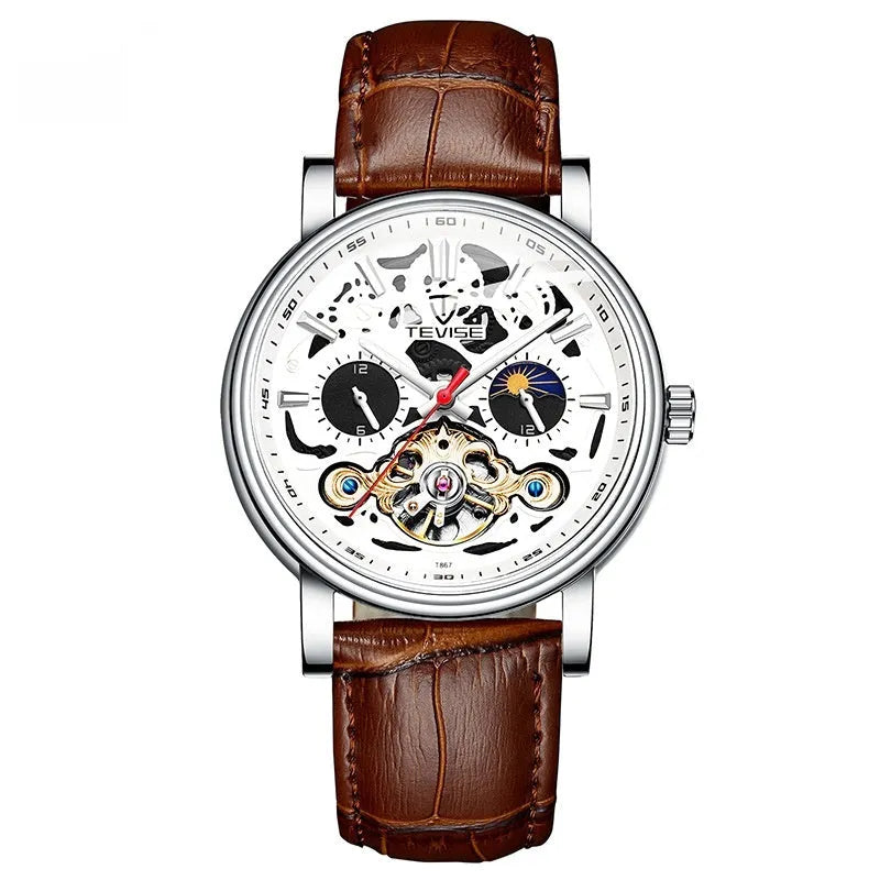 Men's fashion tourbillon mechanical watch with luminous dial on a metal bracelet, showing water resistant case.
