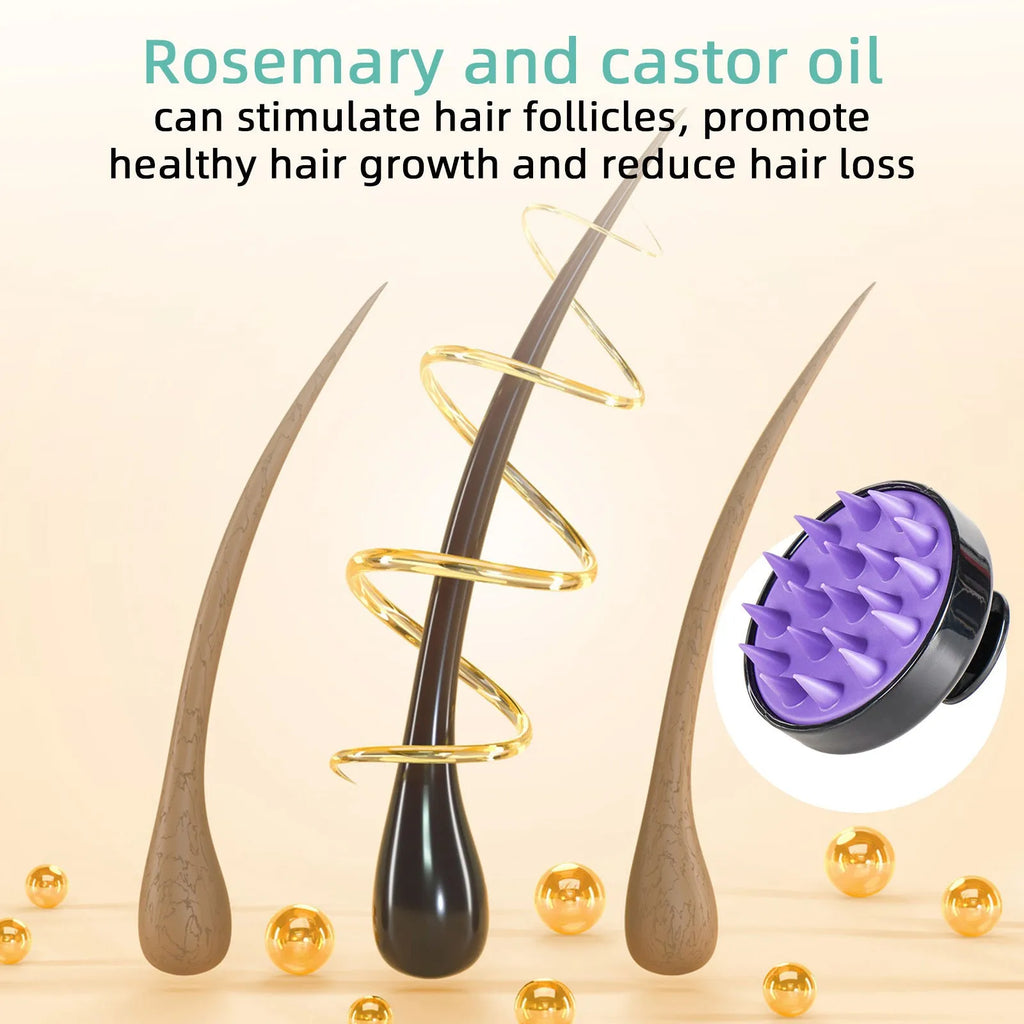 118ml bottle of bright yellow hair treatment oil with a separate massage brush on a white background.