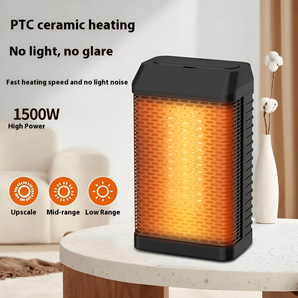 Black desktop warm air blower heater with remote control on wooden desk