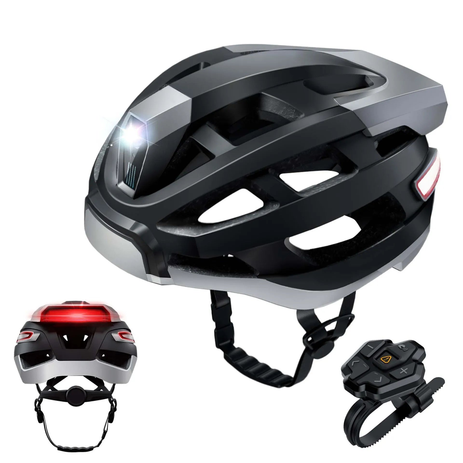 Black and grey smart cycling helmet with integrated warning lights and Bluetooth connectivity