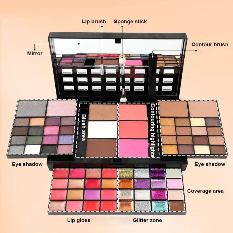 74-colour makeup palette open showing eyeshadows, lip glosses, and face powders with included brushes