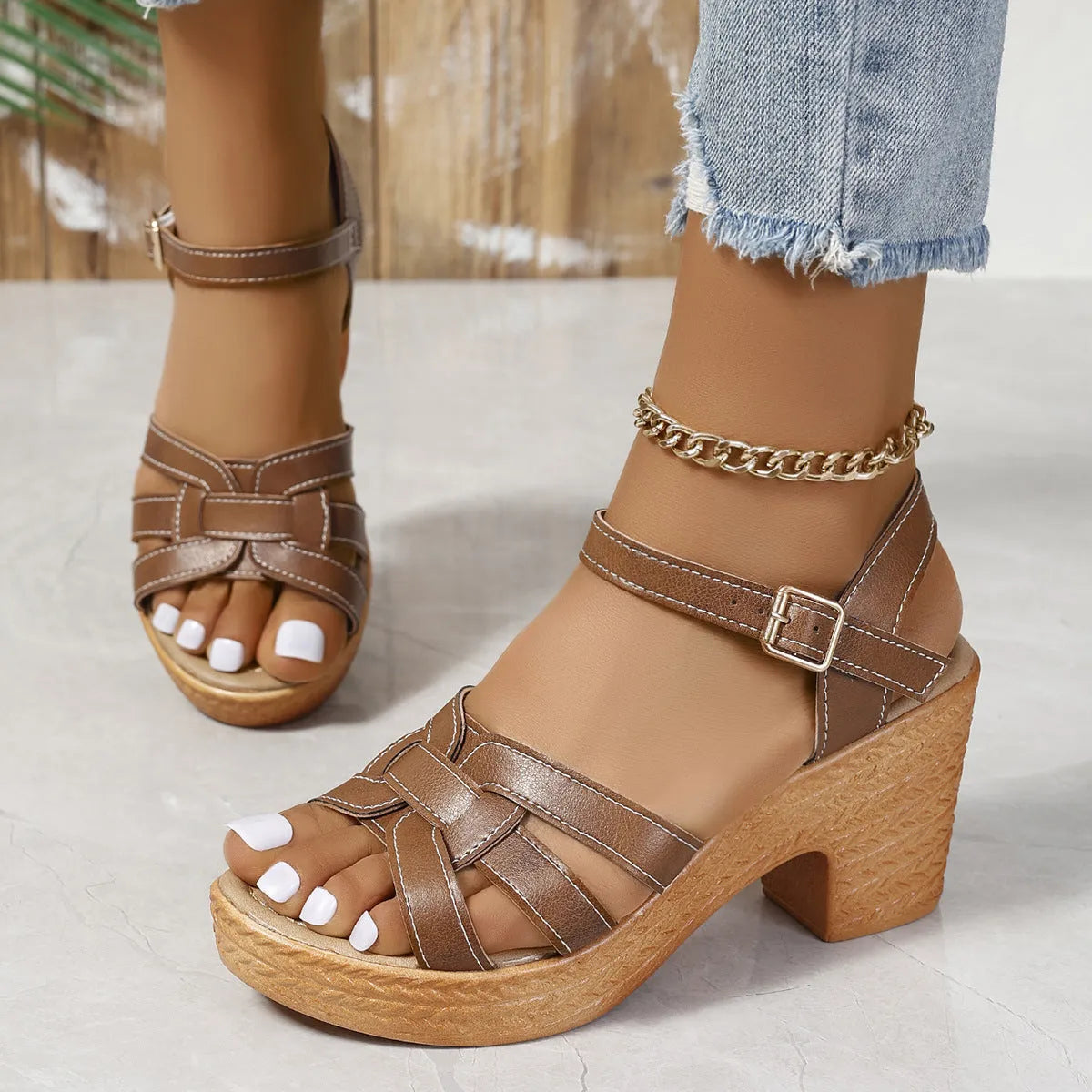 Plus size Roman women's peep toe chunky heel buckle sandals in black on white background