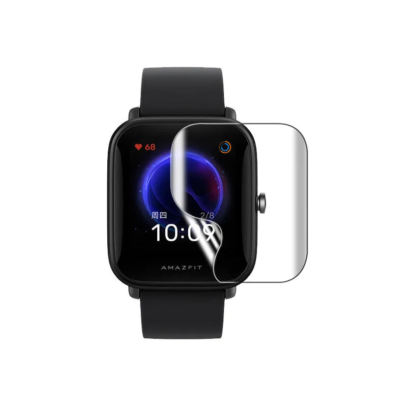 Clear hydrogel screen protection film for Amazfit Bip smartwatch showing anti-scratch properties.