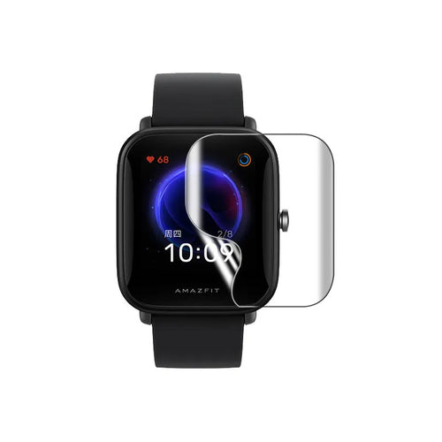 Clear hydrogel screen protection film for Amazfit Bip smartwatch showing anti-scratch properties.