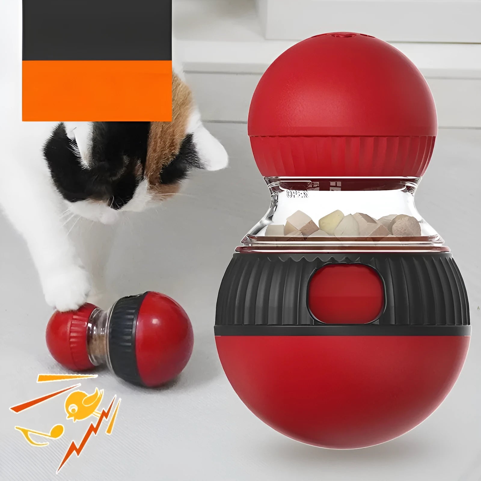 Plastic rotating cat toy ball with super ball colour and food dropping mechanism
